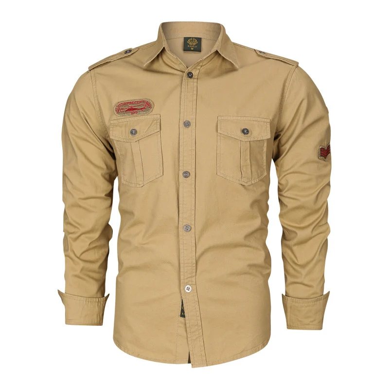 Herren Militärisches Baumwollhemd mit Schulterklappen, Pattentaschen und Stickpatches Drune