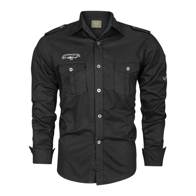 Herren Militärisches Baumwollhemd mit Schulterklappen, Pattentaschen und Stickpatches Drune