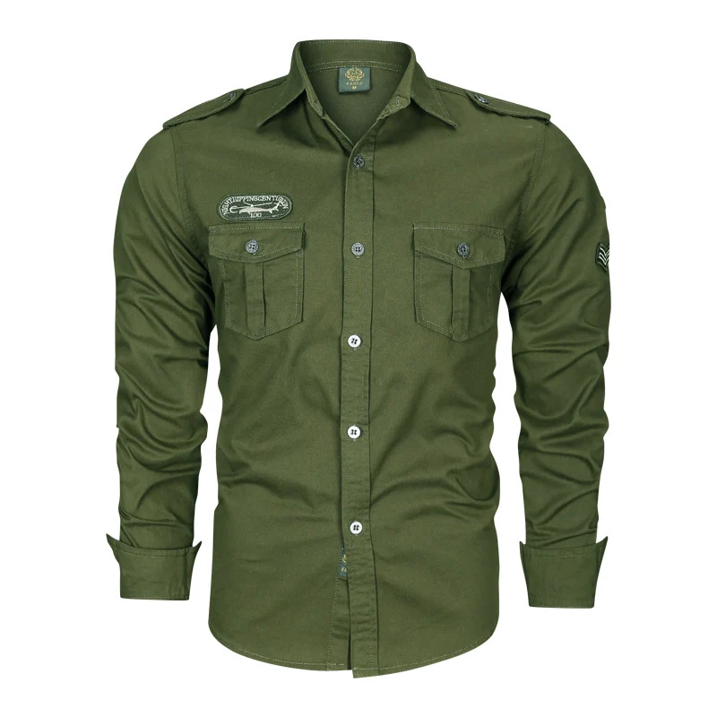 Herren Militärisches Baumwollhemd mit Schulterklappen, Pattentaschen und Stickpatches Drune