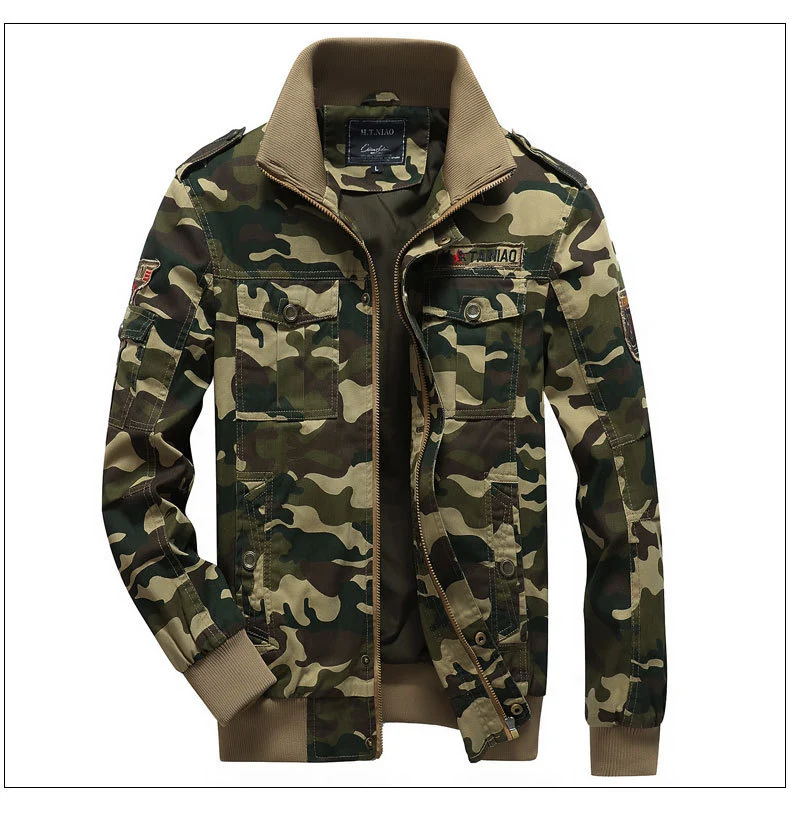 Herren Militärinspirierte Tarnprint-Übergangsjacke mit Reißverschluss, Pattentaschen und elastischen Bündchen Drune