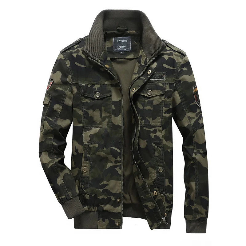 Herren Militärinspirierte Tarnprint-Übergangsjacke mit Reißverschluss, Pattentaschen und elastischen Bündchen Drune