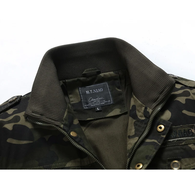 Herren Militärinspirierte Tarnprint-Übergangsjacke mit Reißverschluss, Pattentaschen und elastischen Bündchen Drune