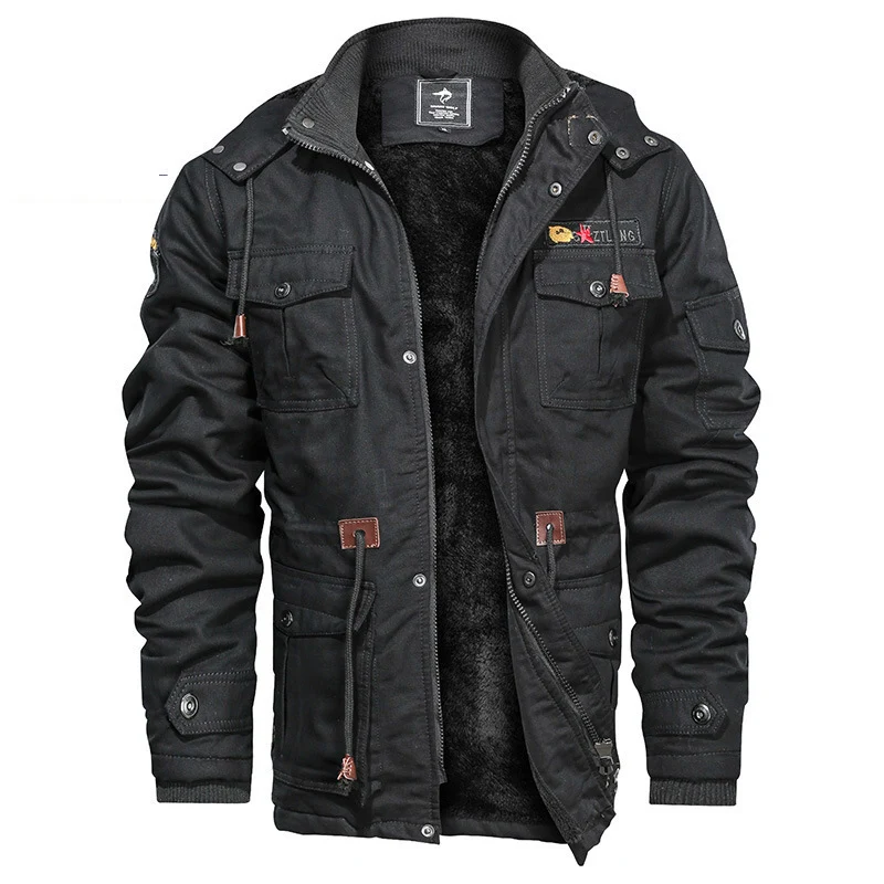 Herren Militärinspirierte Canvas-Fieldjacke mit Kapuze, Kordzug‑Taille und Fleece‑Innenfutter Drune