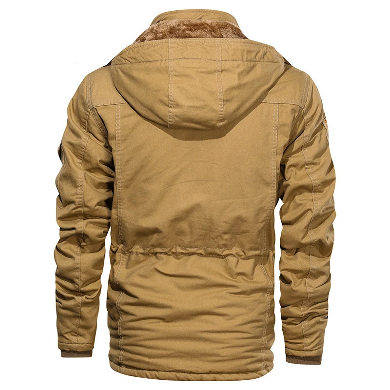 Herren Militärinspirierte Canvas-Fieldjacke mit Kapuze, Kordzug‑Taille und Fleece‑Innenfutter Drune