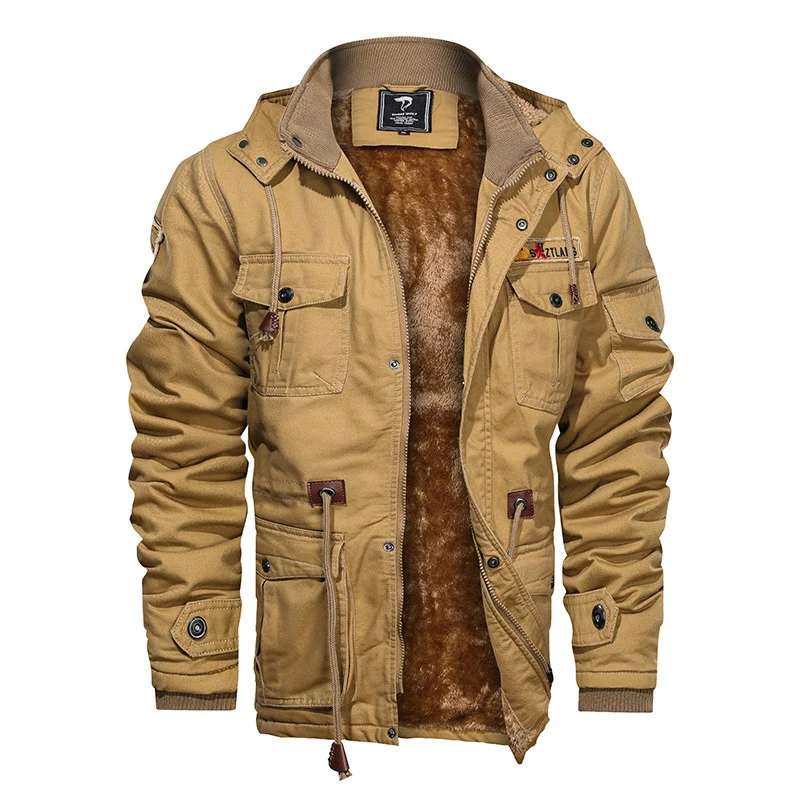 Herren Militärinspirierte Canvas-Fieldjacke mit Kapuze, Kordzug‑Taille und Fleece‑Innenfutter Drune