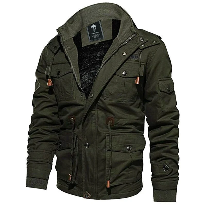 Herren Militärinspirierte Canvas-Fieldjacke mit Kapuze, Kordzug‑Taille und Fleece‑Innenfutter Drune