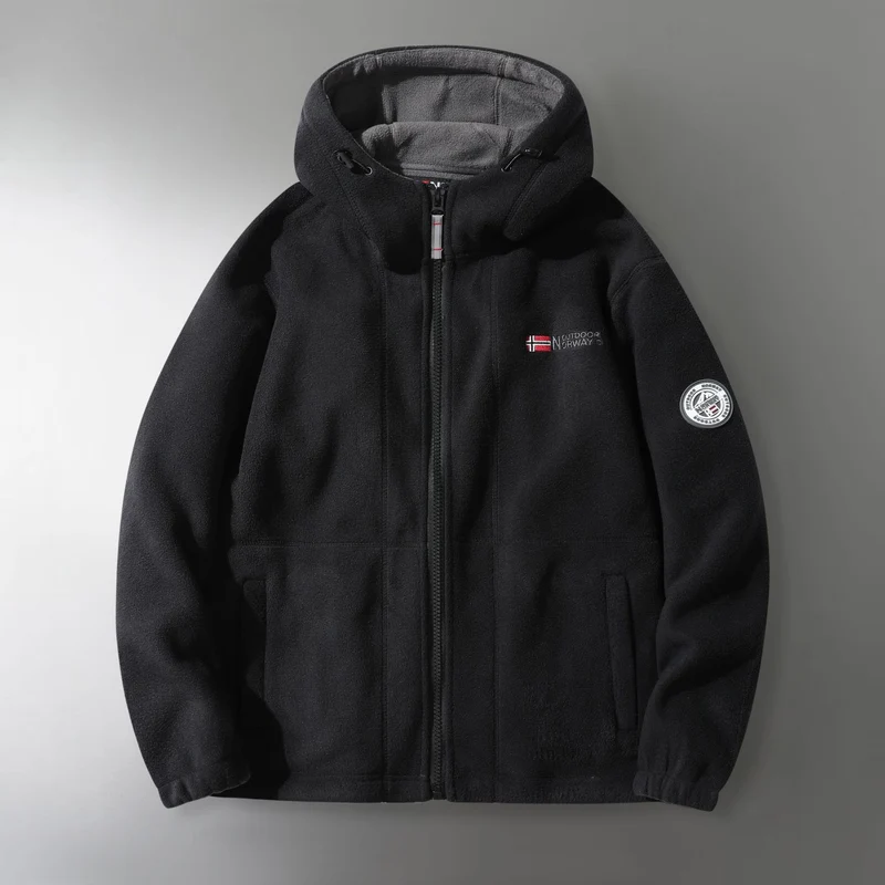 Herren Microfleece-Outdoorjacke mit Kapuze, windabweisender Struktur und Logo-Patch Drune