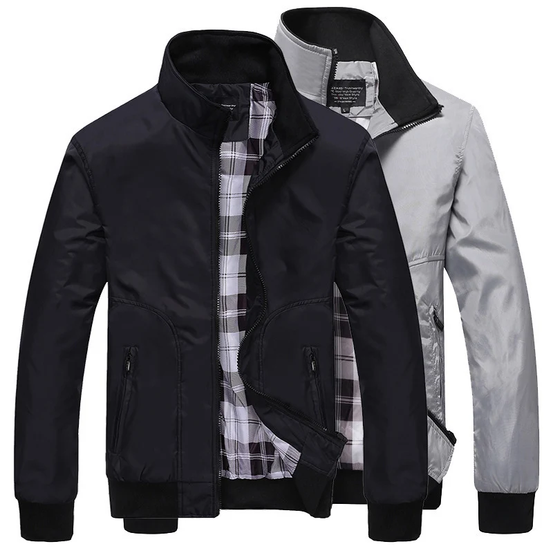 Herren leichter Nylon-Bomber mit kariertem Innenfutter, hohem Stehkragen und Reißverschlusstaschen Drune