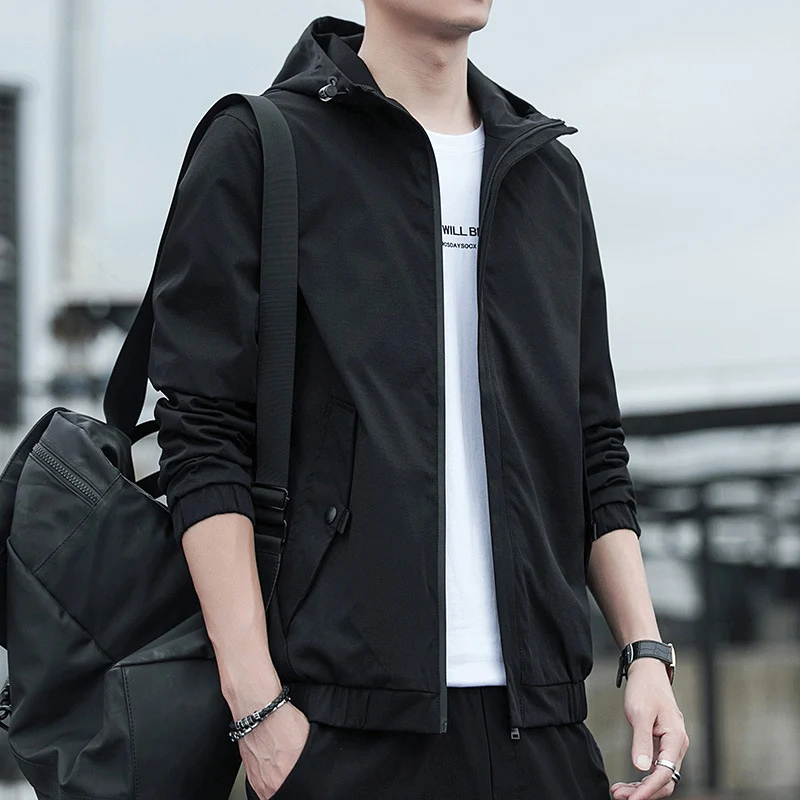 Herren Leichter Kapuzen-Windbreaker im Urban-Minimalstil mit verdecktem Reißverschluss und elastischen Bündchen Drune
