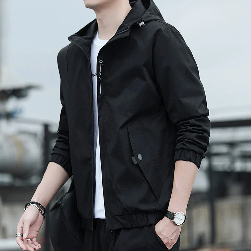 Herren Leichter Kapuzen-Windbreaker im Urban-Minimalstil mit verdecktem Reißverschluss und elastischen Bündchen Drune