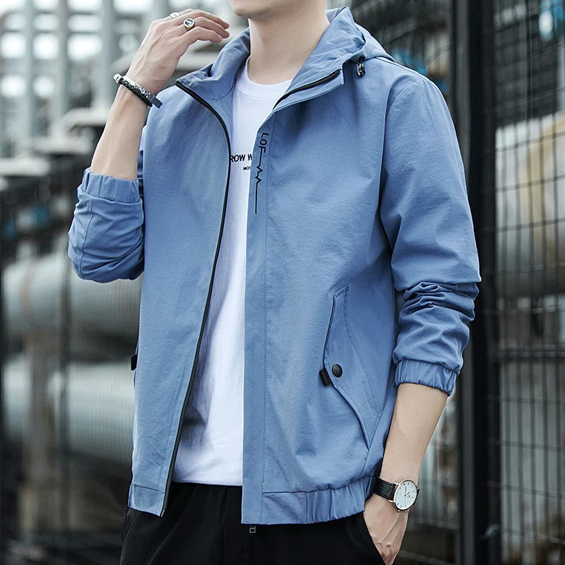 Herren Leichter Kapuzen-Windbreaker im Urban-Minimalstil mit verdecktem Reißverschluss und elastischen Bündchen Drune