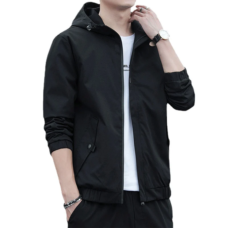 Herren Leichter Kapuzen-Windbreaker im Urban-Minimalstil mit verdecktem Reißverschluss und elastischen Bündchen Drune
