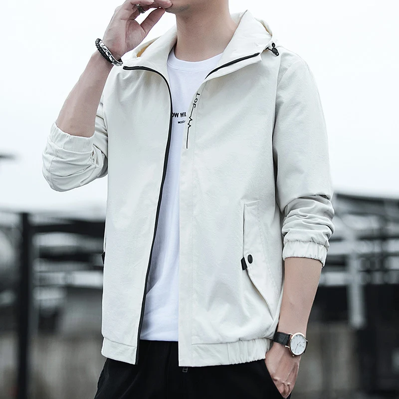 Herren Leichter Kapuzen-Windbreaker im Urban-Minimalstil mit verdecktem Reißverschluss und elastischen Bündchen Drune