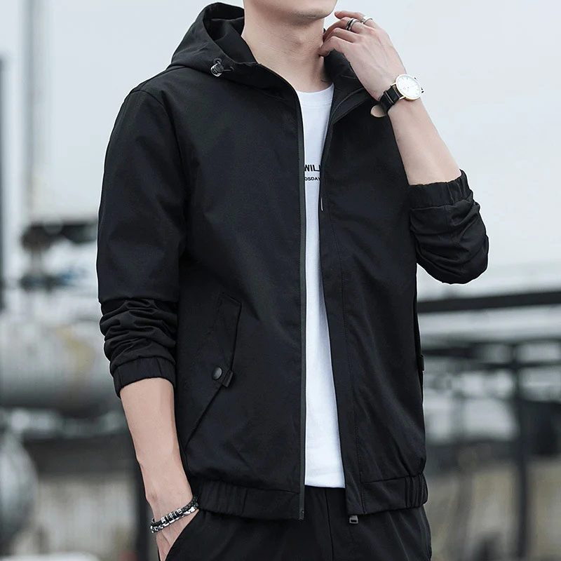 Herren Leichter Kapuzen-Windbreaker im Urban-Minimalstil mit verdecktem Reißverschluss und elastischen Bündchen Drune