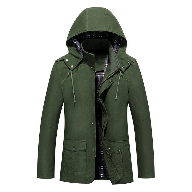 Herren leichter Kapuzen-Parka aus Canvas mit kariertem Innenfutter und Multifunktions‑Taschen Drune