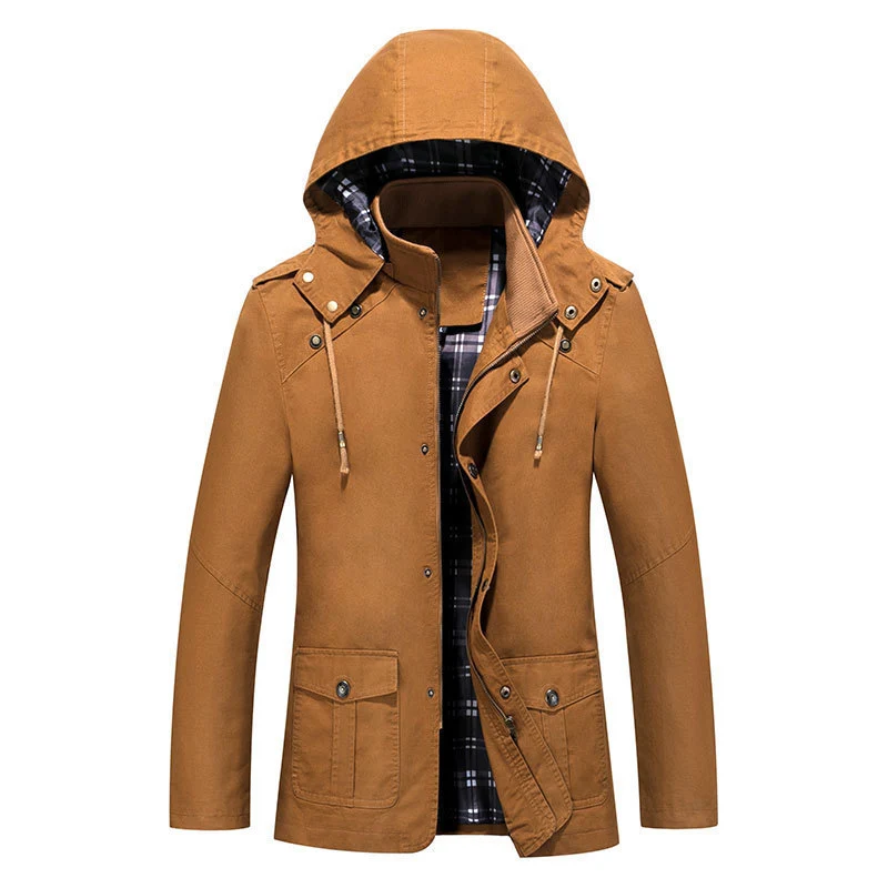 Herren leichter Kapuzen-Parka aus Canvas mit kariertem Innenfutter und Multifunktions‑Taschen Drune