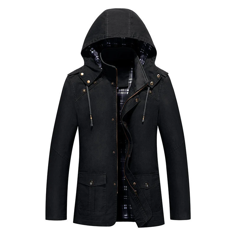 Herren leichter Kapuzen-Parka aus Canvas mit kariertem Innenfutter und Multifunktions‑Taschen Drune