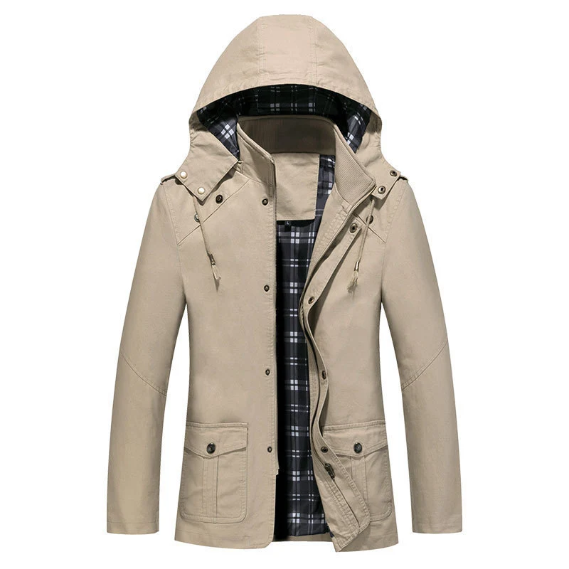 Herren leichter Kapuzen-Parka aus Canvas mit kariertem Innenfutter und Multifunktions‑Taschen Drune