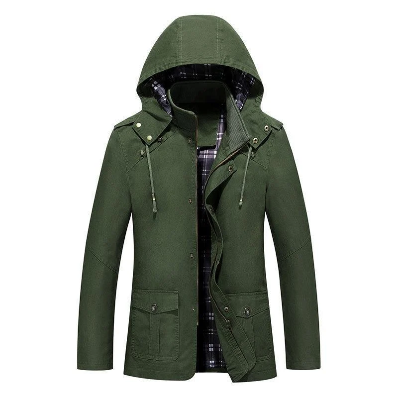 Herren leichter Kapuzen-Parka aus Canvas mit kariertem Innenfutter und Multifunktions‑Taschen Drune
