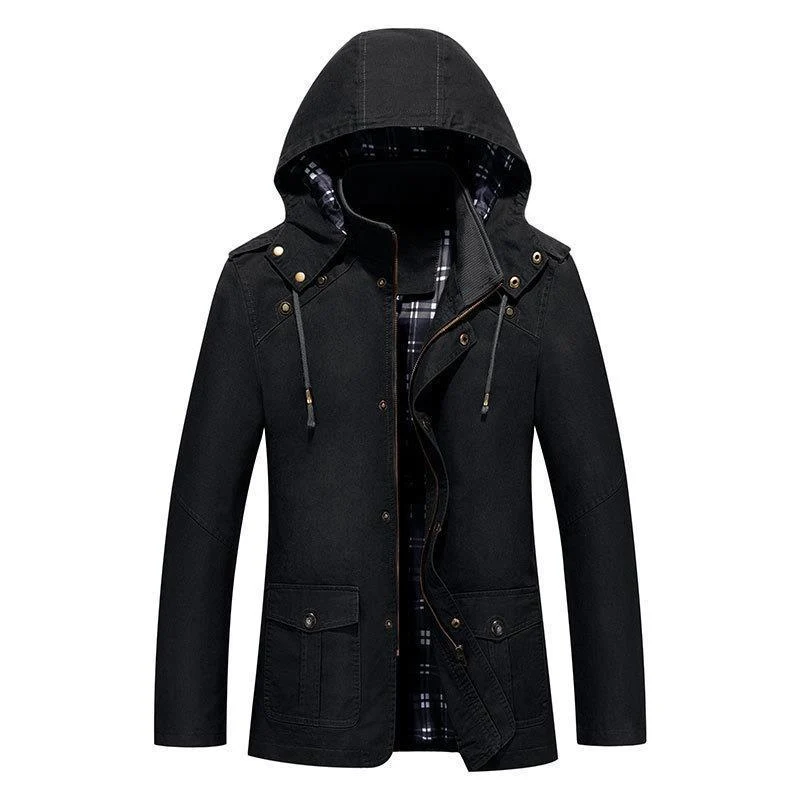 Herren leichter Kapuzen-Parka aus Canvas mit kariertem Innenfutter und Multifunktions‑Taschen Drune