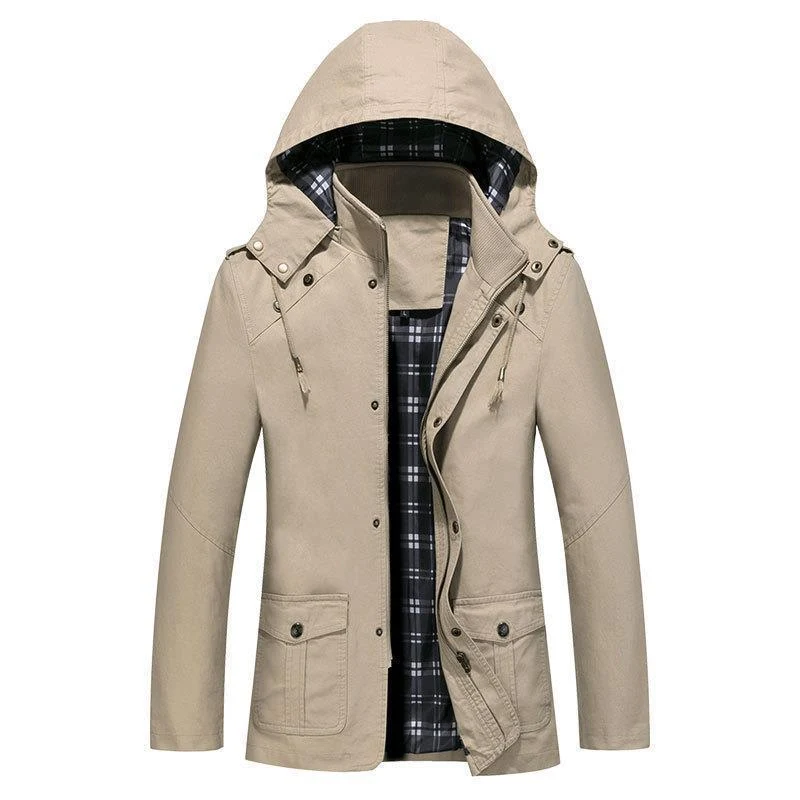 Herren leichter Kapuzen-Parka aus Canvas mit kariertem Innenfutter und Multifunktions‑Taschen Drune