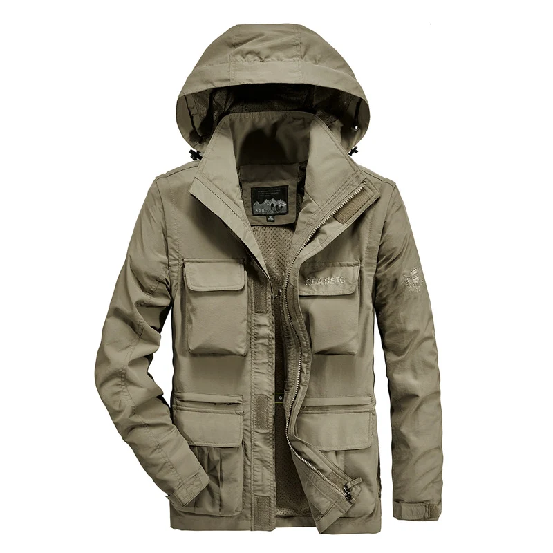 Herren leichter Fieldparka mit Kapuze, Multifunktionstaschen und atmungsaktivem Mesh‑Futter Drune