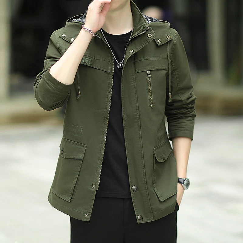 Herren leichter Canvas-Parka im Field-Style mit Kapuze und Multifunktions-Taschen Drune