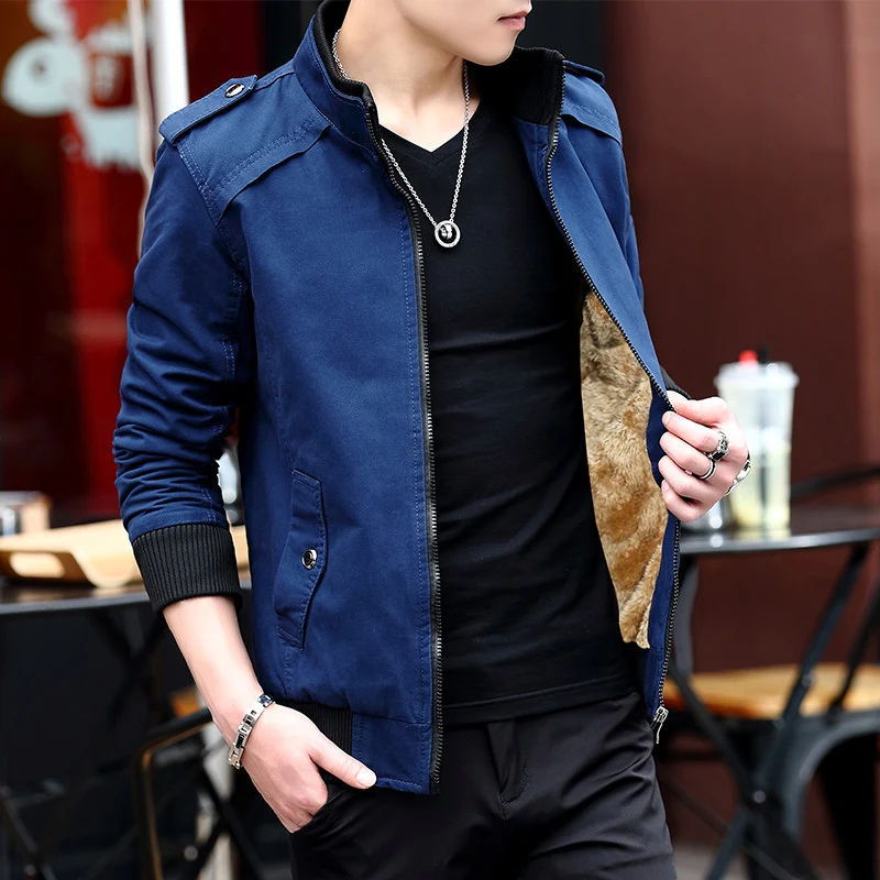 Herren leichter Canvas‑Bomber mit Teddyfleece‑Innenfutter, Epauletten und Rippbündchen Drune