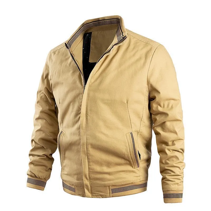 Herren leichter Canvas-Bomber im Retro-Pilotencut mit gestreiften Rippbündchen und verdeckter Reißverschluss Drune