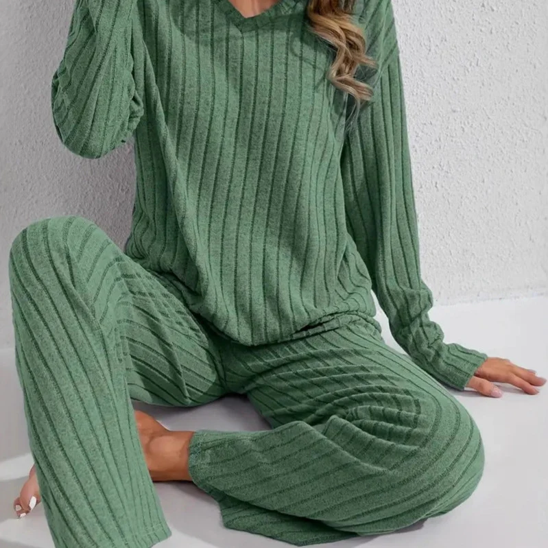 Damen Zweiteiliges geripptes Lounge-Set mit V-Ausschnitt und weitem Bein Drune
