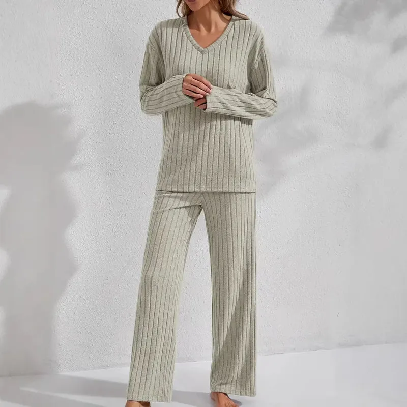 Damen Zweiteiliges geripptes Lounge-Set mit V-Ausschnitt und weitem Bein Drune