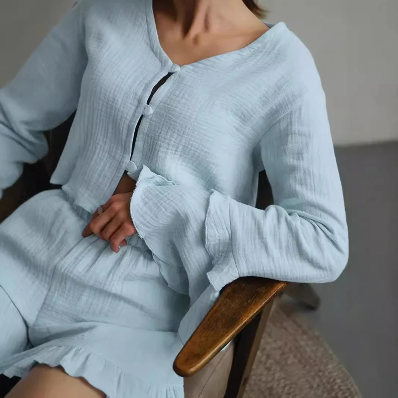 Damen Zweiteiliges Crinkle-Lounge-Set mit Volant-Shorts und gestuften Trompetenärmeln Drune