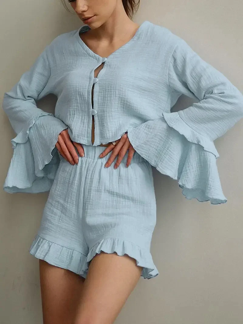 Damen Zweiteiliges Crinkle-Lounge-Set mit Volant-Shorts und gestuften Trompetenärmeln Drune