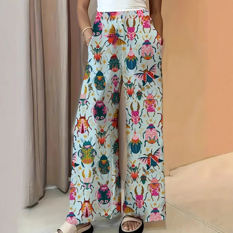 Damen Weite Palazzo-Hose mit elastischem Bund und auffälligem Käferprint Drune