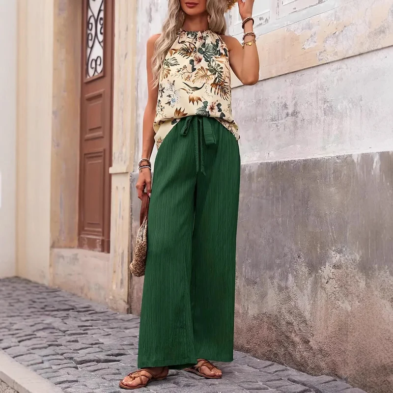 Damen weite Leinenhose mit Kordelzug und Faltenoptik Drune