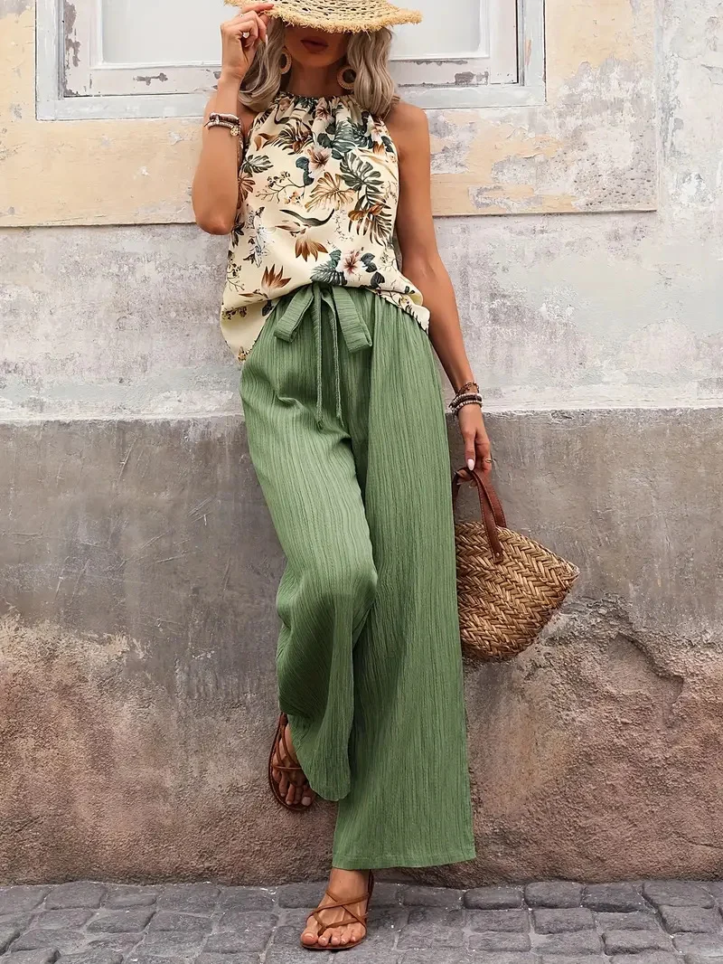 Damen weite Leinenhose mit Kordelzug und Faltenoptik Drune