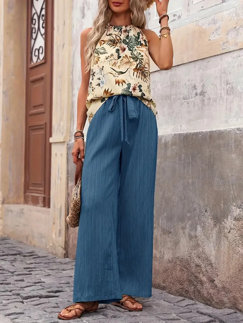 Damen weite Leinenhose mit Kordelzug und Faltenoptik Drune