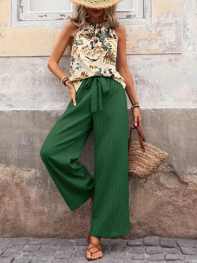 Damen weite Leinenhose mit Kordelzug und Faltenoptik Drune