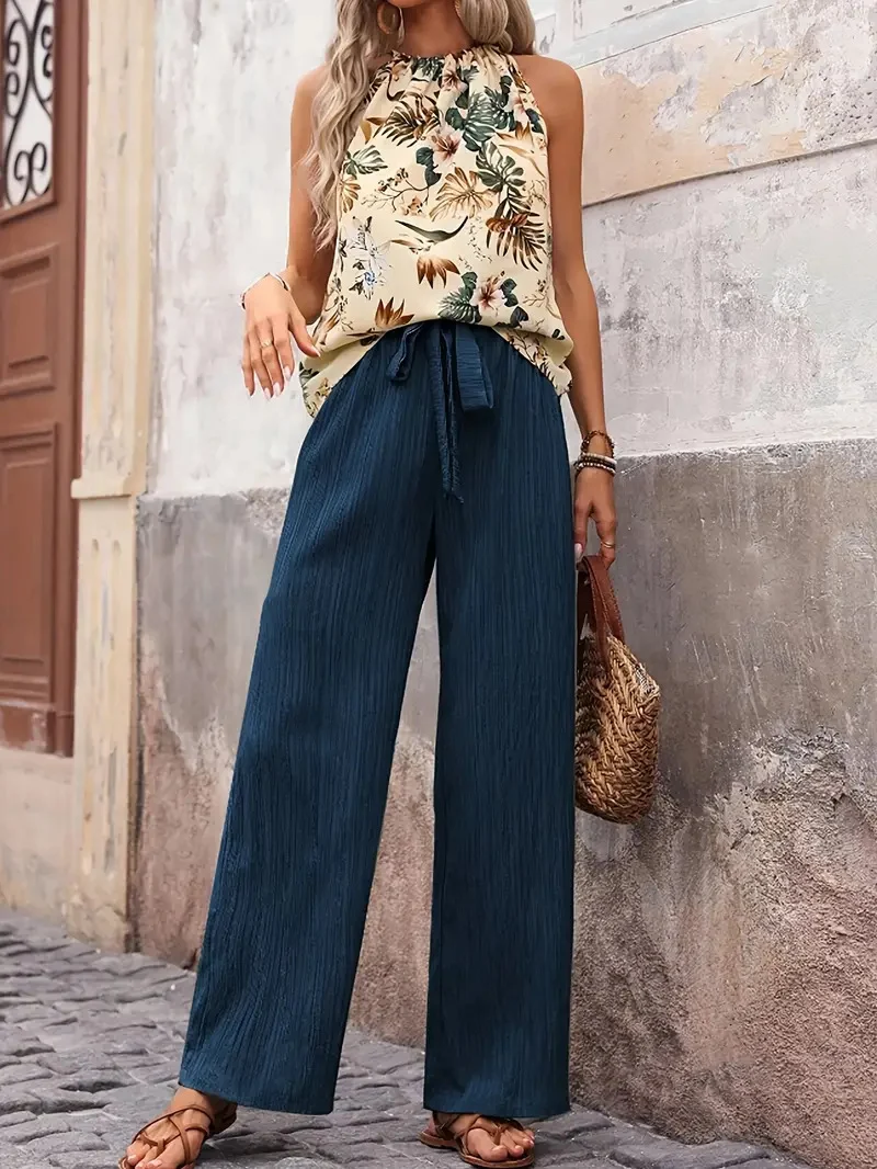 Damen weite Leinenhose mit Kordelzug und Faltenoptik Drune