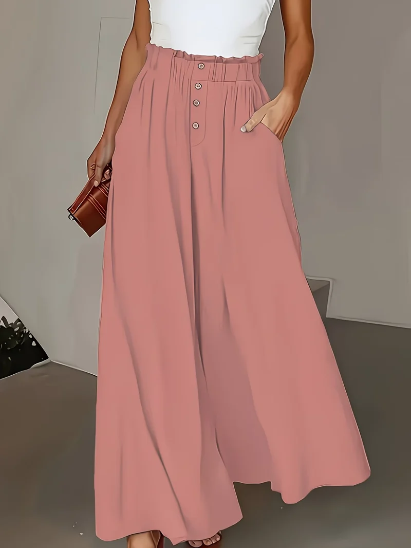Damen weite Leinenhose mit hohem, gerafftem Bund und Knopfverzierung Drune