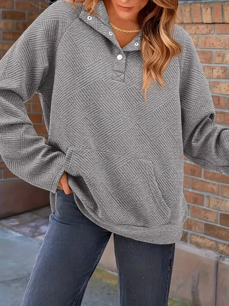 Damen Texturierter Oversize-Hoodie mit Henley-Knopfleiste und Kängurutasche Drune