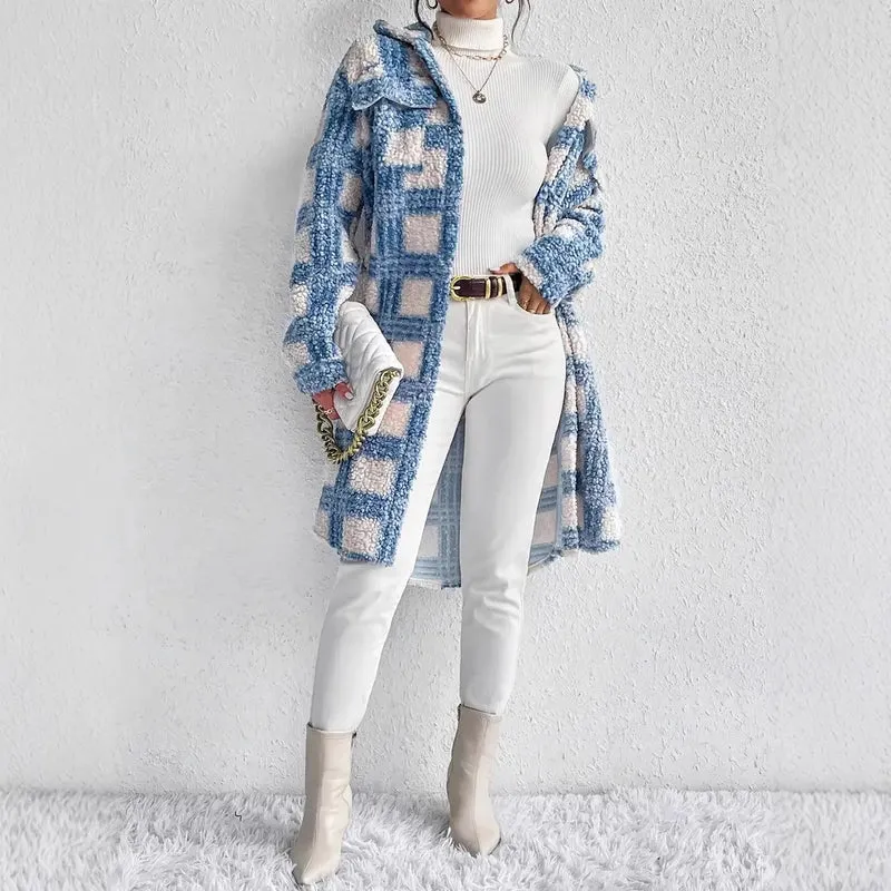 Damen Teddy-Mantel mit großem Karomuster, Hemdkragen und Knopfverschluss Drune