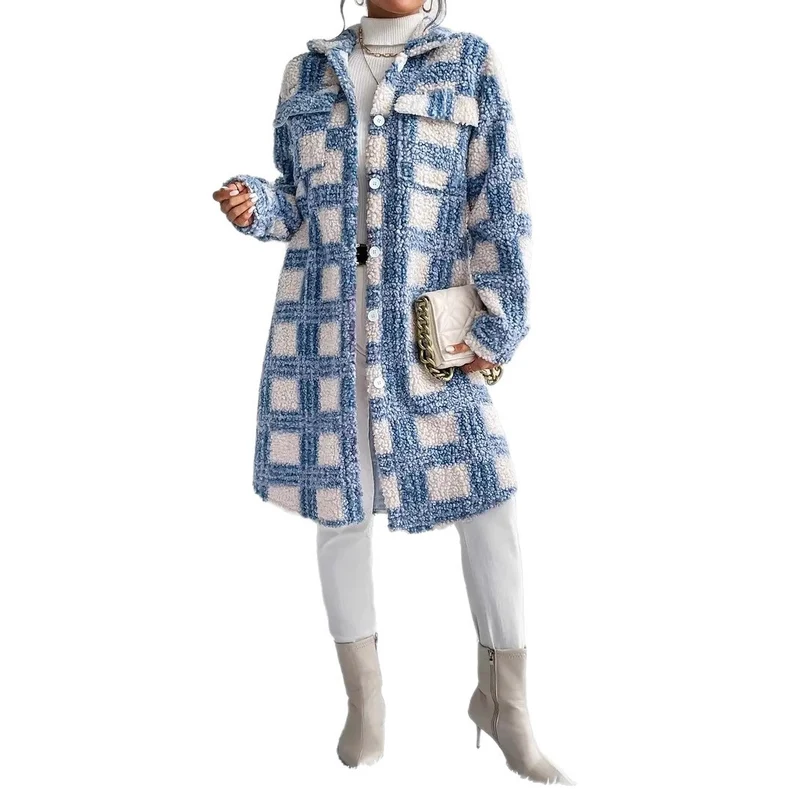 Damen Teddy-Mantel mit großem Karomuster, Hemdkragen und Knopfverschluss Drune