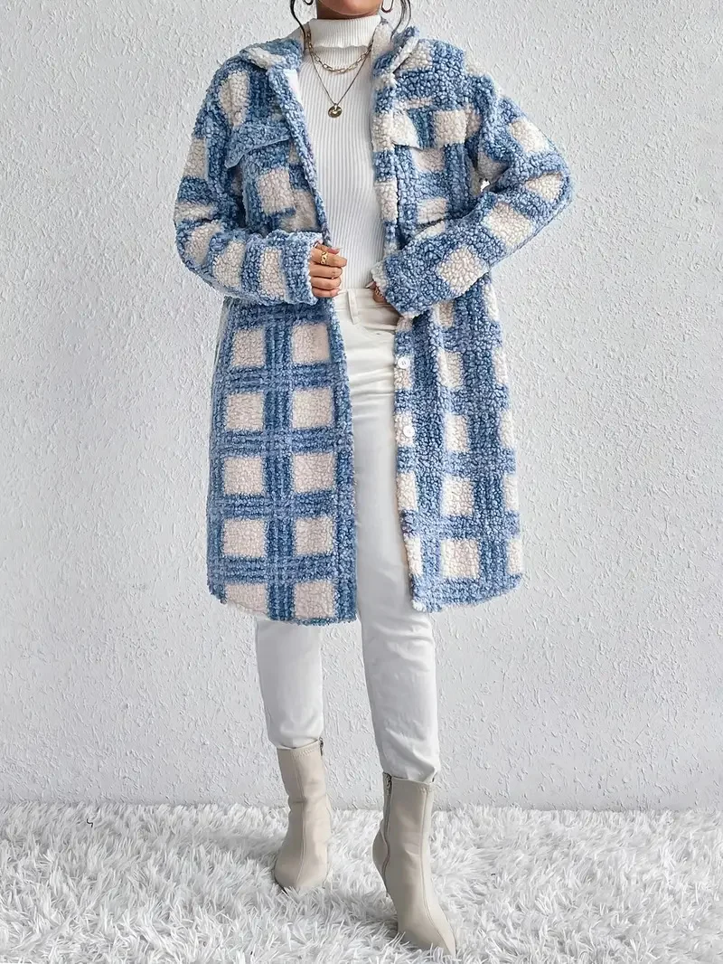 Damen Teddy-Mantel mit großem Karomuster, Hemdkragen und Knopfverschluss Drune