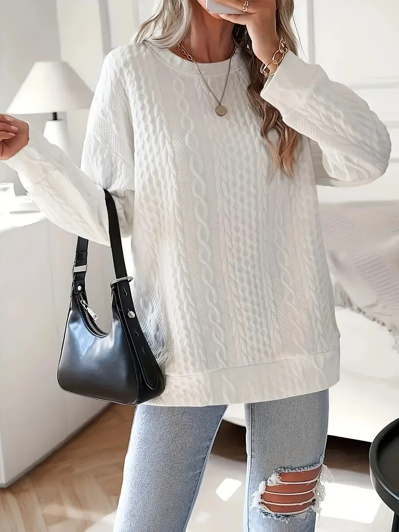 Damen Oversize Strick‑Sweatshirt mit Zopfmuster und geripptem Saum Drune