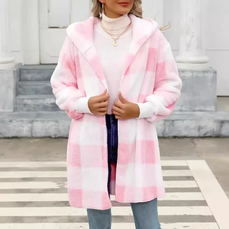 Damen Oversize Karierter Teddy-Mantel mit Kapuze und Eingrifftaschen Drune