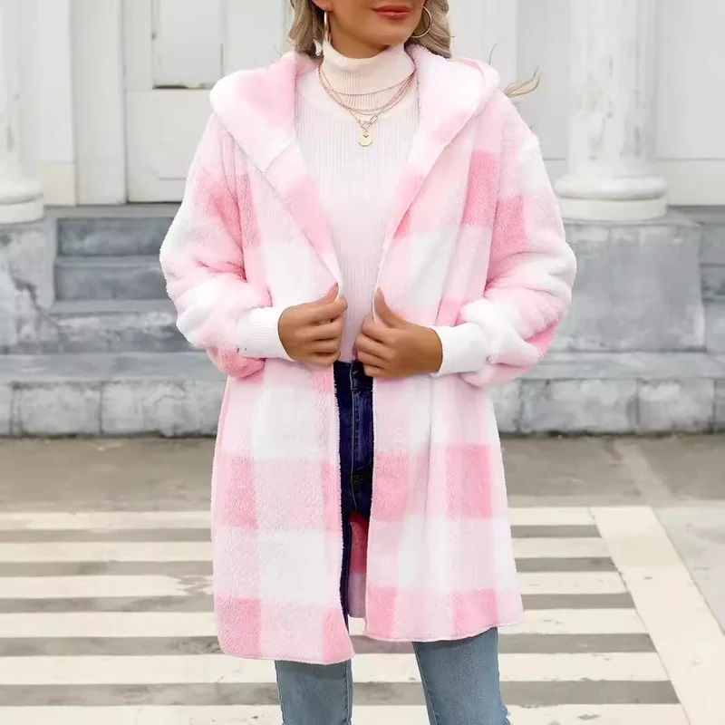 Damen Oversize Karierter Teddy-Mantel mit Kapuze und Eingrifftaschen Drune