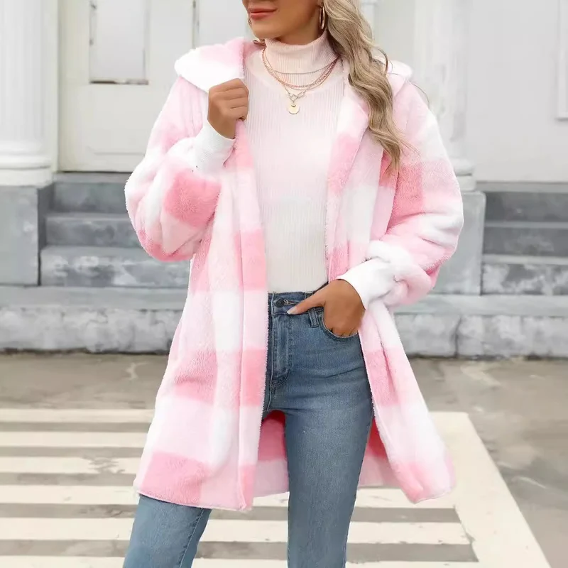 Damen Oversize Karierter Teddy-Mantel mit Kapuze und Eingrifftaschen Drune