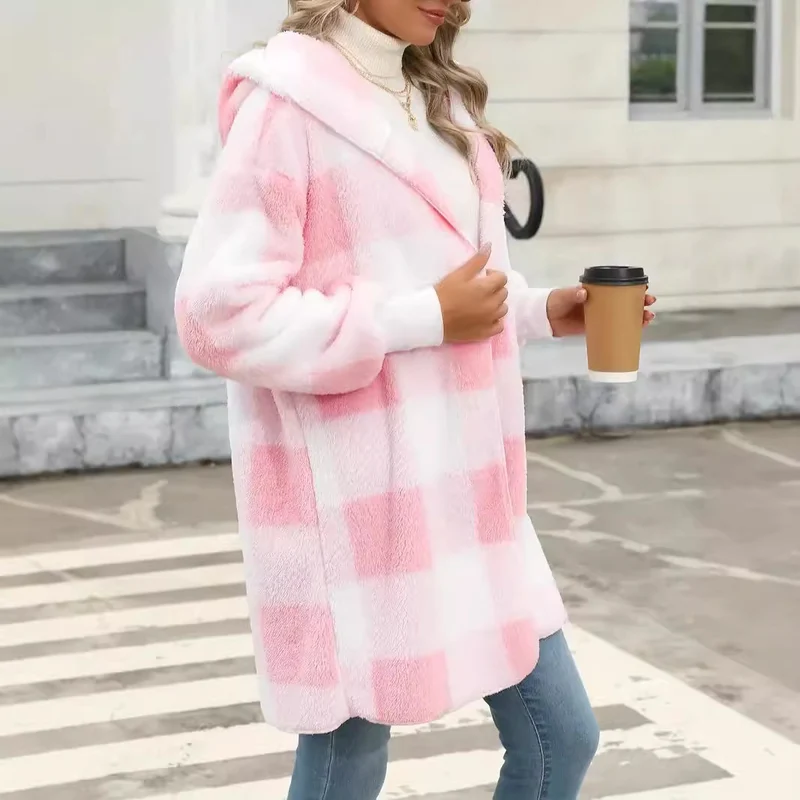 Damen Oversize Karierter Teddy-Mantel mit Kapuze und Eingrifftaschen Drune