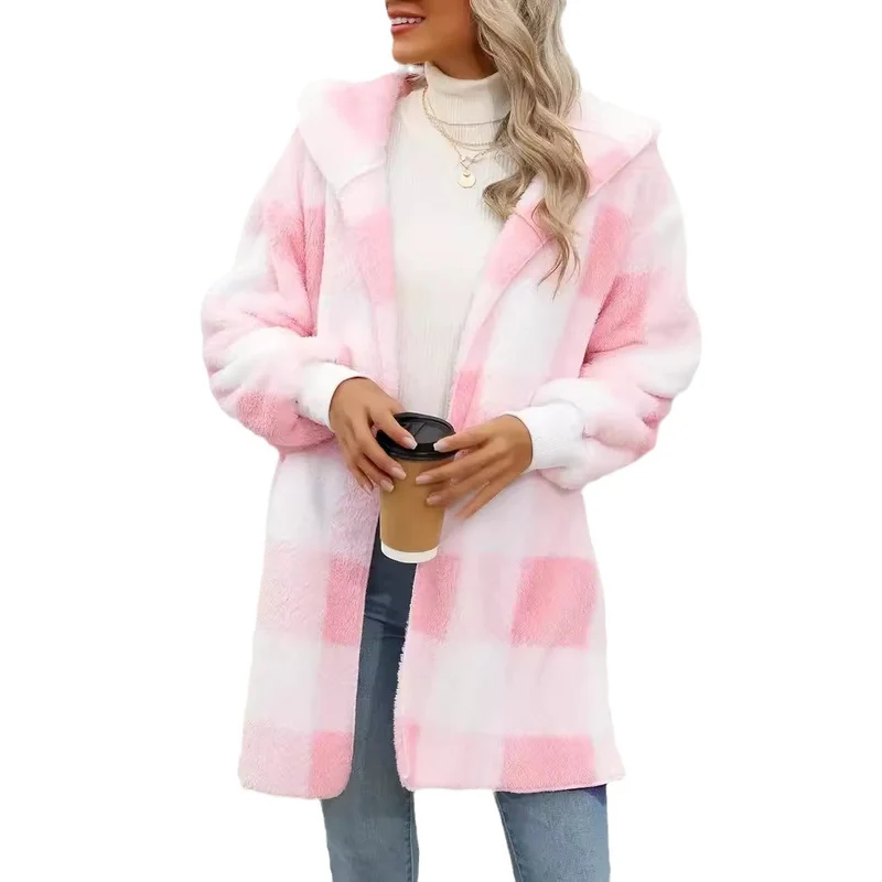 Damen Oversize Karierter Teddy-Mantel mit Kapuze und Eingrifftaschen Drune